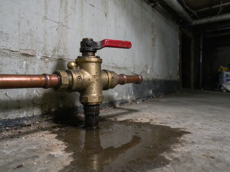 A brass main water shutoff valve with a red lever handle turned off on a copper line near the front wall of a Brooklyn cellar, with a puddle on the concrete floor below