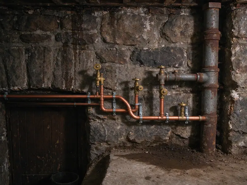 A brownstone cellar with a new copper water main and brass valves along a rough stone foundation wall, beside the old rusty galvanized main cut and capped