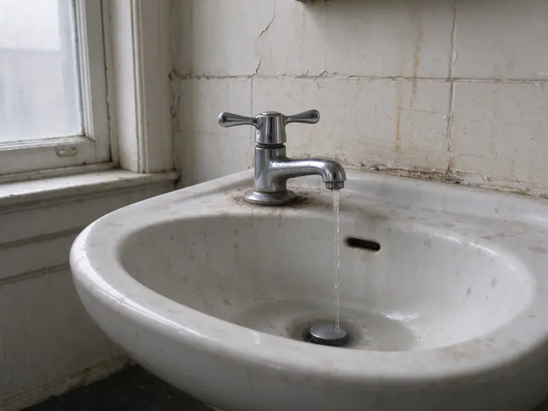 A thin trickle of water from a faucet into an old porcelain bathroom sink in a prewar Brooklyn bathroom