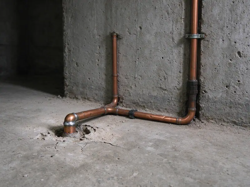A copper line cut and capped with a soldered copper cap where it once entered a concrete basement floor, beside a new copper line rising up the wall