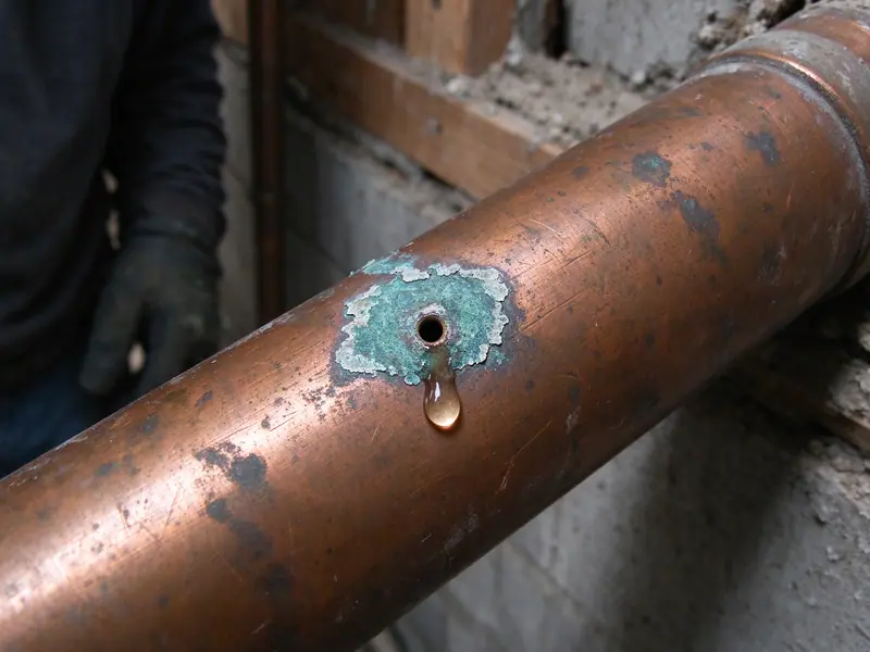 Extreme close view of an old copper pipe with a tiny pinhole leak surrounded by a crust of blue-green corrosion and a single bead of water