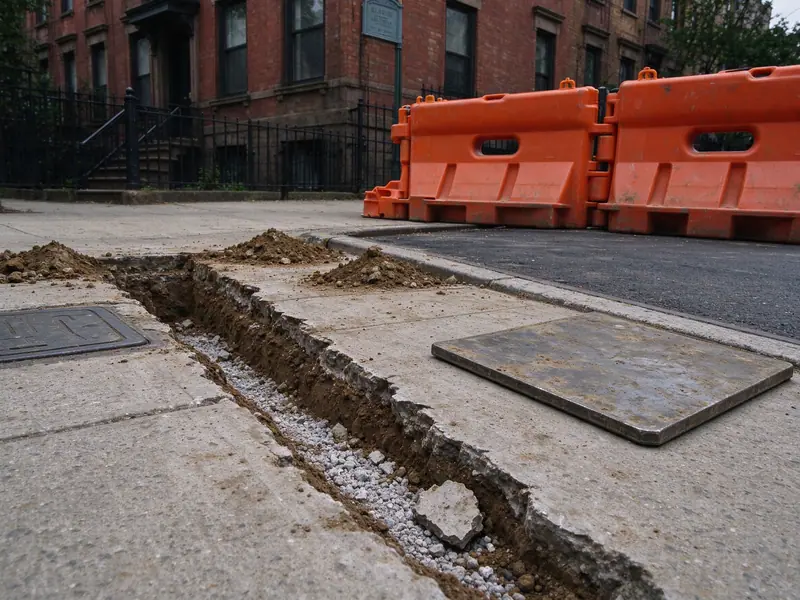 A narrow trench cut across a sidewalk to the curb in front of a Brooklyn row house, orange barriers and a steel plate beside it, overcast day