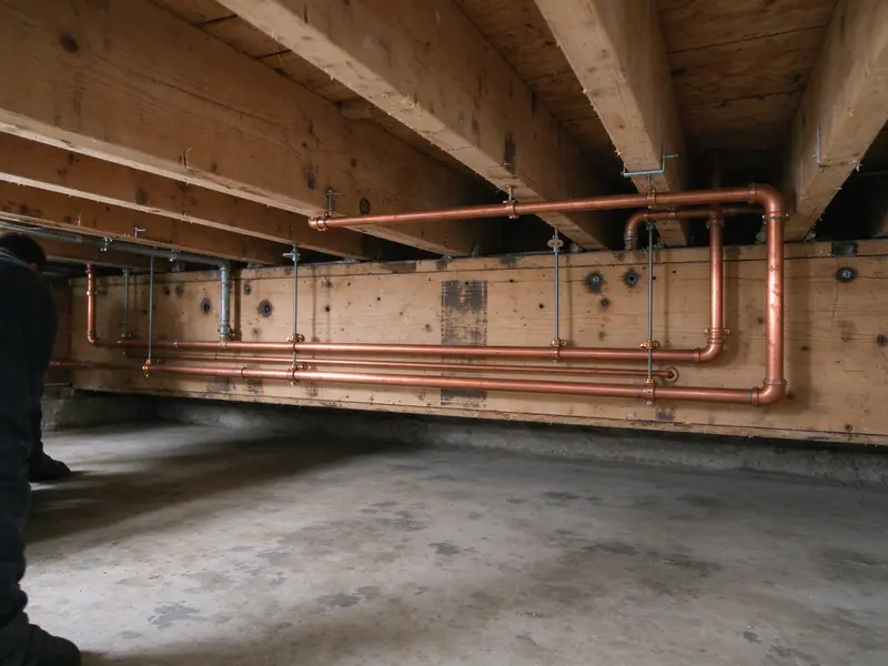 New bare copper water lines running along basement joists, neatly hung with copper hangers, beside empty marks on the joists where old galvanized pipe was removed