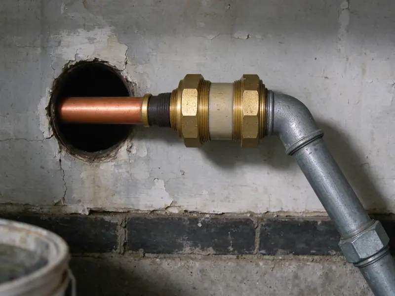 A new brass dielectric union joining a short new bare copper pipe to an existing galvanized steel pipe in a basement, clean fittings against an old painted wall