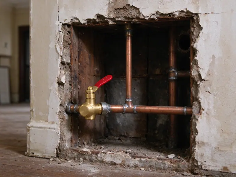 A new brass quarter-turn shutoff valve soldered onto a copper branch line inside an opened wall in a prewar apartment, plaster edges visible