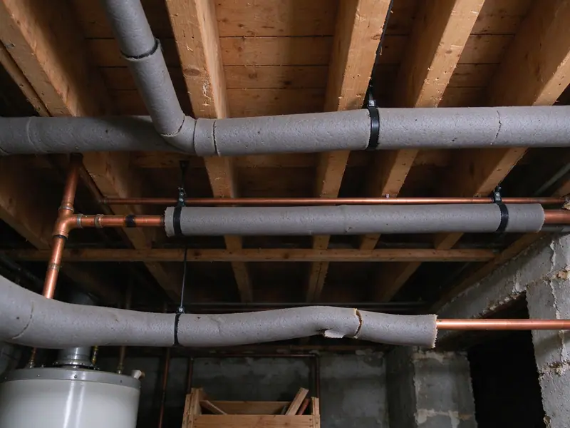 New copper hot water piping wrapped in grey foam insulation sleeves running along basement joists