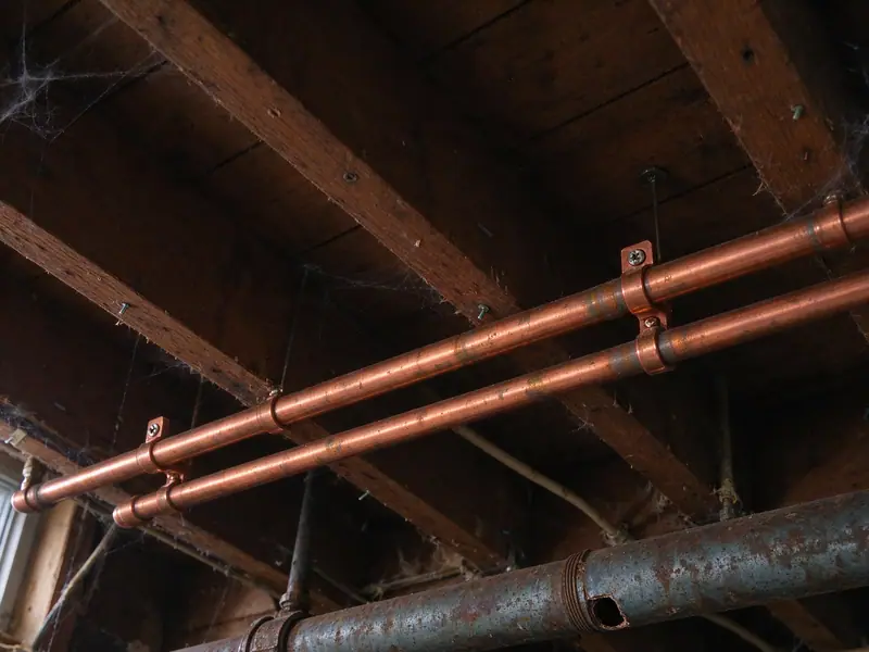Two new copper water lines hung from basement floor joists beside a cut and capped galvanized steel main in a Brooklyn house