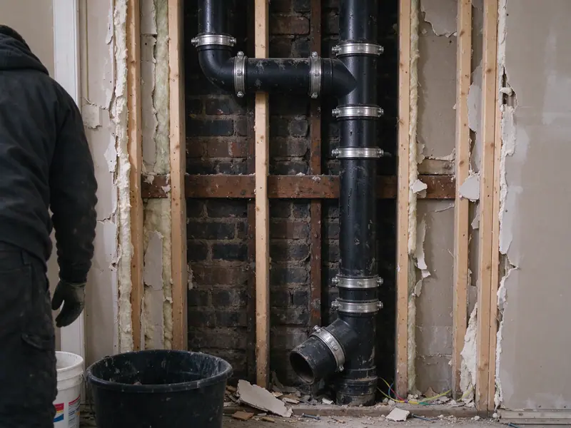 A new section of black no-hub cast iron soil pipe joined with stainless steel band couplings inside an opened wall chase in a Brooklyn row house