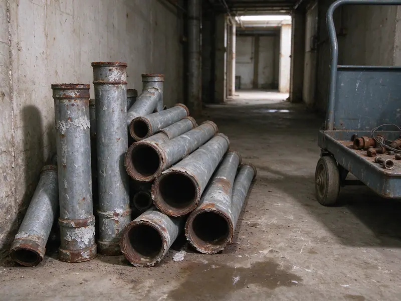 Old corroded galvanized riser pipe sections, heavily rusted, stacked in a building basement corridor beside a utility cart after removal