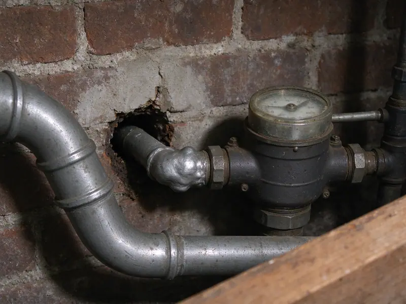 An old grey lead water service pipe with a bulbous wiped joint entering a brick cellar wall to a water meter, the soft dull metal scratched shiny in one spot