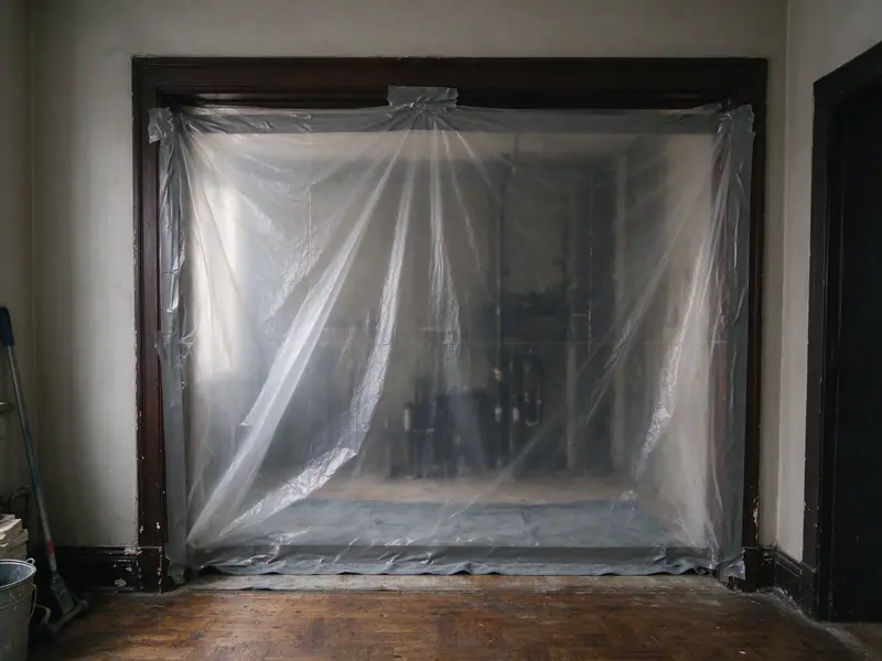 A plastic sheeting dust barrier taped across a doorway in a prewar apartment hallway during plumbing work, with a drop cloth on the parquet floor