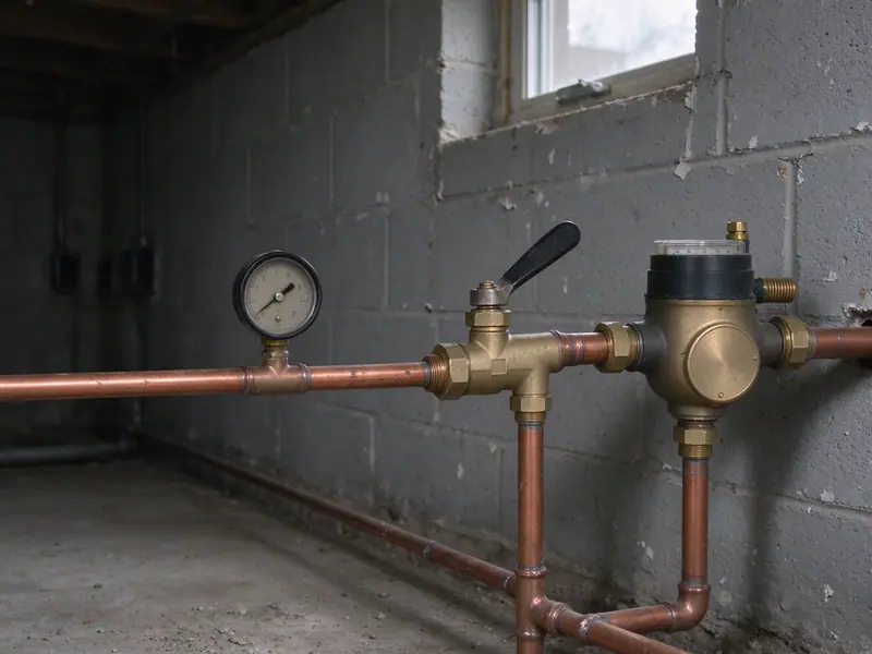 A pressure test gauge on a new copper water line beside a brass ball valve and the water meter in a Queens basement