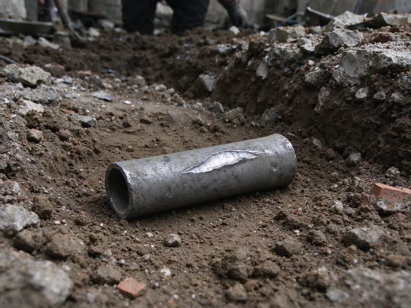 A short cut-out piece of old dull grey lead pipe lying on the dirt at the edge of a trench, with a scratch showing shiny soft metal