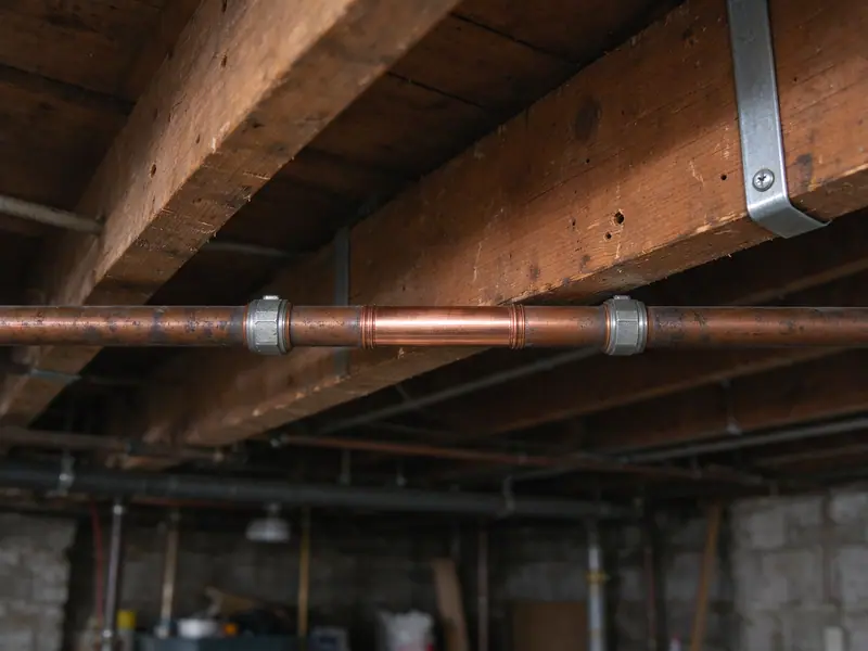 A short new section of bare shiny copper spliced into an older dull brown copper line with two new couplings, running along a basement joist