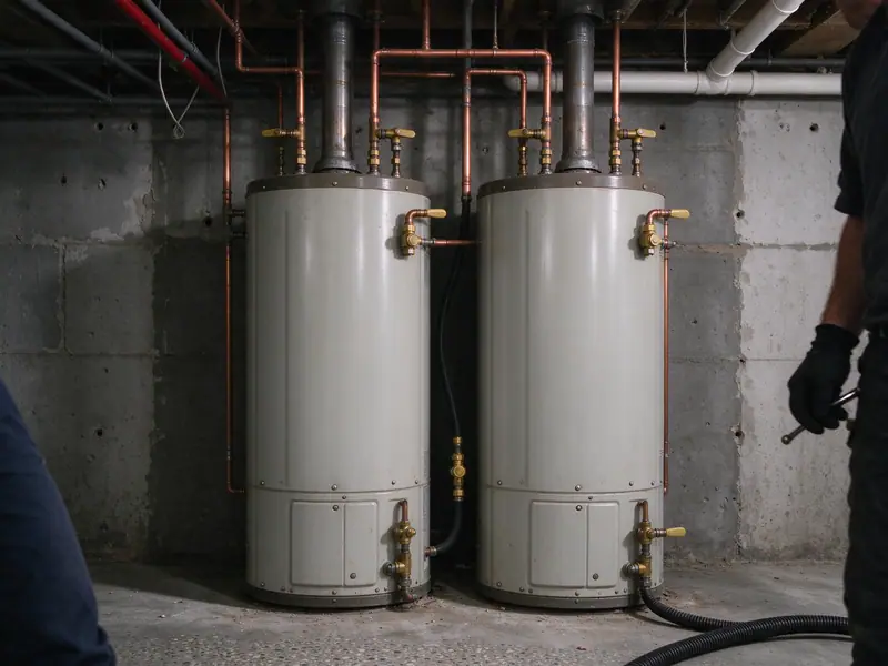 Two gas water heaters side by side in a Queens basement with new bare copper water connections and brass valves on each