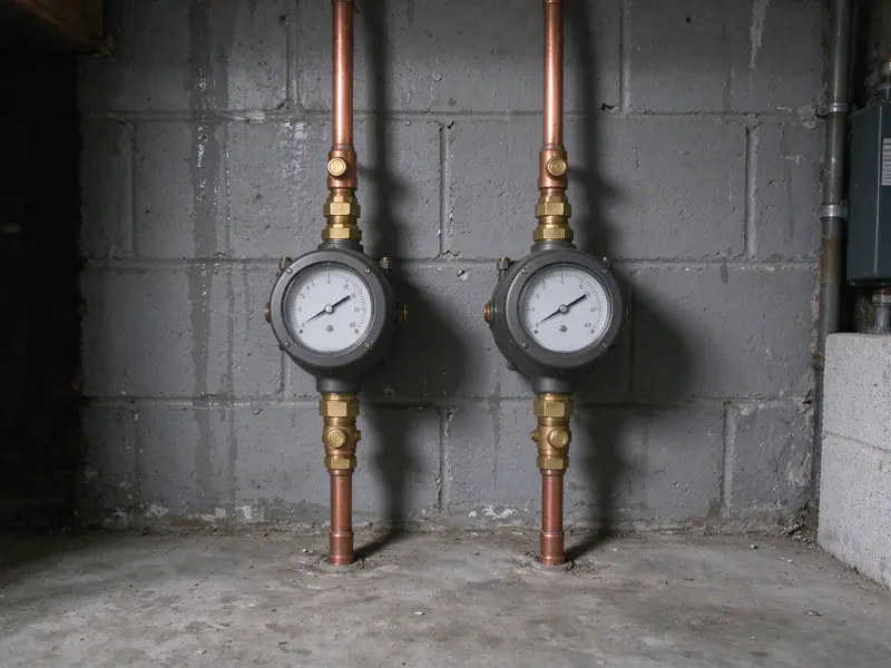 Two new water meters side by side on new copper lines in the basement of a two-family house in Queens, painted block wall