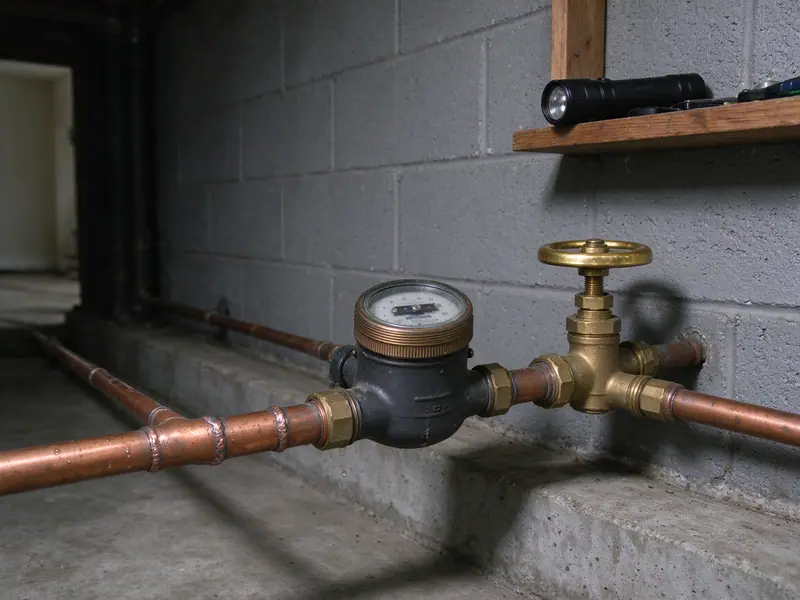A water meter and brass main valve on a copper line in a Queens house basement, with a small flashlight lying on a shelf beside it, painted concrete block wall